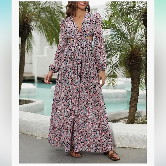 Romantic Floral Waist Cut Out Long Sleeve Flowy Long Maxi Beach Dress Sz10 NWT - Picture 3 of 7